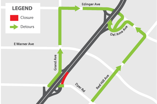 Crews will be removing and pouring concrete to reconstruct the northbound SR-55 Dyer Road straight on-ramp. This will require a 10-day closure of the ramp, beginning at 9 p.m., Tuesday, June 3 and reopening to motorists by 5 a.m., Friday, June 13.