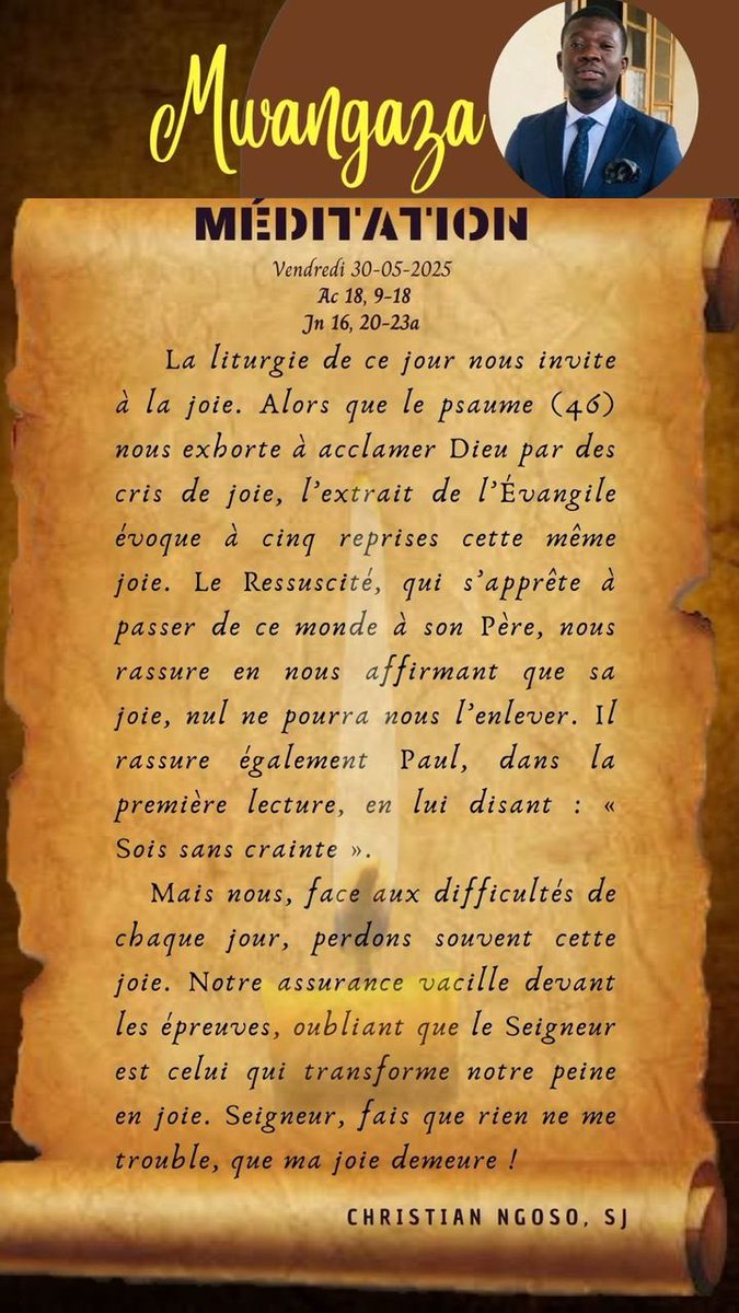 JesuitesACE's tweet image. Méditation du vendredi 30 mai 2025 (6e semaine de #Pâques) avec le père Christian Ngoso.