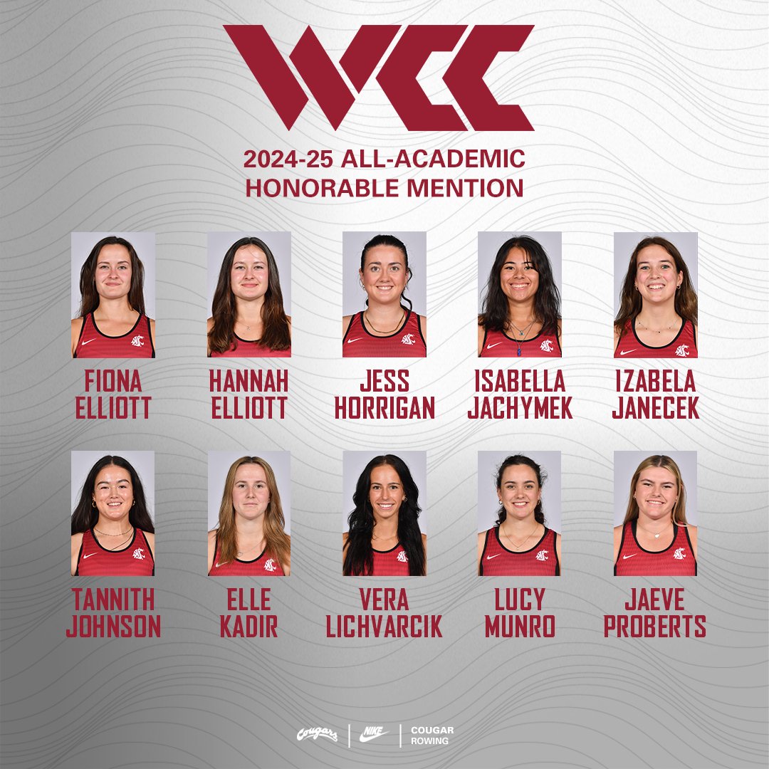 WSUCougarRowing's tweet image. 10 Cougs have been named WCC All-Academic Honorable Mention! 🎓
⭐ Fiona Elliott
⭐ Hannah Elliott
⭐ Jess Horrigan
⭐ Isabella Jachymek
⭐ Izabela Janecek
⭐ Tannith Johnson
⭐ Elle Kadir
⭐ Vera Lichvarcik
⭐ Lucy Munro
⭐ Jaeve Proberts
📰 | wsucougars.com/news/2025/5/29…
#GoCougs