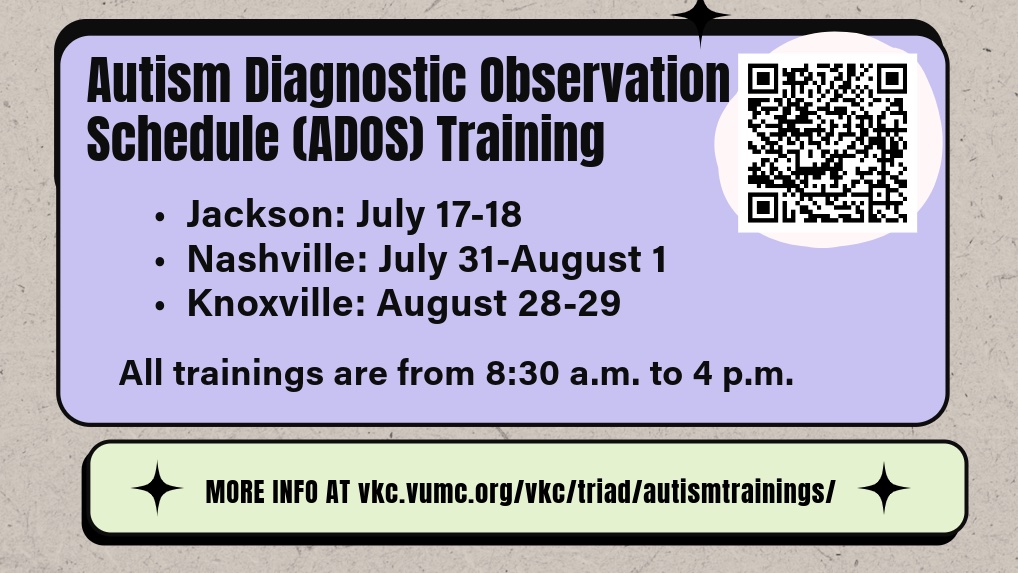 Tennessee_TAN's tweet image. TRIAD's Annual ADOS Training is coming up this summer. Join them for regional 2-day trainings in July and August.
📍July 17-18 - Jackson, TN
📍July 31-August 1 - Nashville, TN
📍Aug 28-29 - Knoxville, TN
Scan the QR code below or visit: redcap.vumc.org/surveys/?s=7TE…
#ADOS @TNedu
