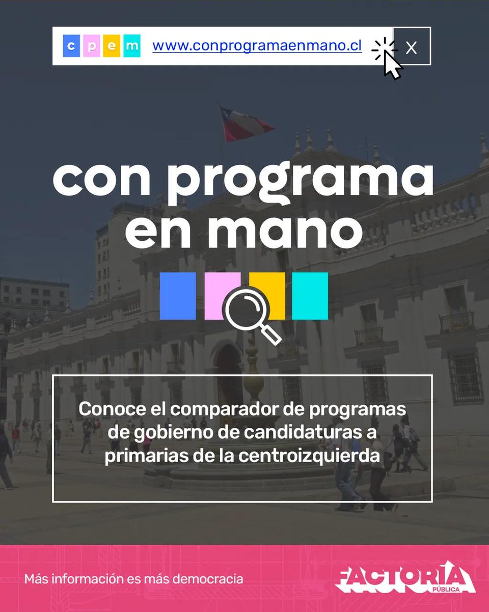 Desde #FactoríaPública creamos un sitio web que compara los programas de las candidaturas del oficialismo.

Te invitamos a entrar al sitio web conprogramaenmano.cl