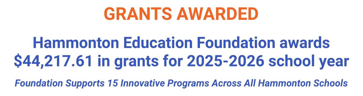 The HEF proudly announces its support of 15 innovative programs across all Hammonton schools for 25-26 school year. Read more: hefonline.org/grants-awarded