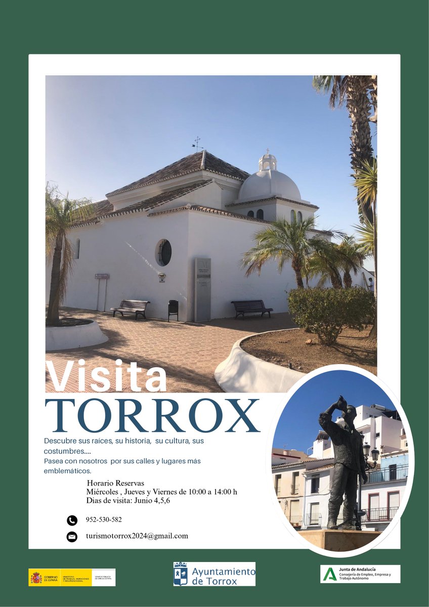 Ayuntamiento Torrox (@ayto_torrox) on Twitter photo 🔹 VISITA TORROX PUEBLO
👣 Recorre las calles más emblemáticas de Torrox y descubre su historia, cultura y raíces.
🗓️ Visitas: 4, 5 y 6 de junio
📞 Reserva: Mié-Jue-Vie de 10:00 a 14:00
📧 turismotorrox2024@gmail.com 🔹 VISITA TORROX PUEBLO
👣 Recorre las calles más emblemáticas de Torrox y descubre su historia, cultura y raíces.
🗓️ Visitas: 4, 5 y 6 de junio
📞 Reserva: Mié-Jue-Vie de 10:00 a 14:00
📧 turismotorrox2024@gmail.com