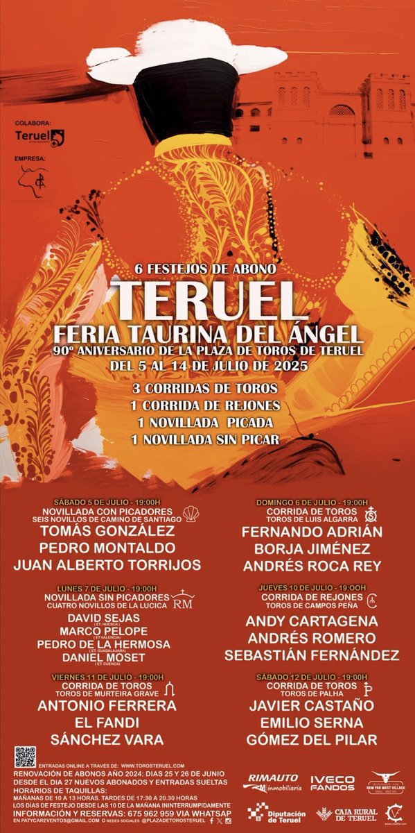 Cartel oficial  de la Feria del Ángel 2025. Vuelve <a href="/RocaRey/">Andrés Roca Rey</a> a <a href="/terueltoros/">plazadetorosteruel</a> después de dos años, feria en la que fue máximo triunfador en 2023 con la misma ganadería 
📅 D 06-07-25
🗡️ <a href="/FAdrianOficial/">Fernando Adrian Oficial</a> 
🗡️ <a href="/BorjaJimenez92/">Borja Jiménez</a> 
🗡️ <a href="/RocaRey/">Andrés Roca Rey</a> 
🐂 <a href="/Luis_Algarra/">GANADERÍA HEREDEROS LUIS ALGARRA POLERA</a>