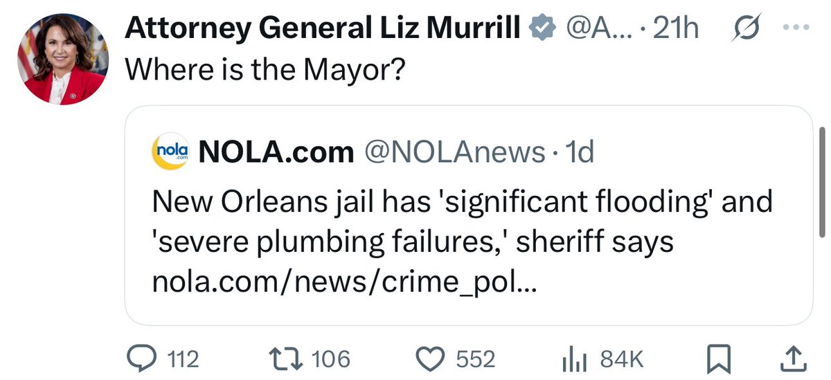 Cassie Schirm (@cassiewdsu) on Twitter photo State leaders like <a href="/AGLizMurrill/">Attorney General Liz Murrill</a> are asking: Where is the Mayor of New Orleans? Well <a href="/wdsu/">wdsu</a> uncovered that even though the jail where 10 inmates escaped only two weeks ago is now flooding, Mayor LaToya Cantrell is in Canada for a conference — a trip we only learned about through State leaders like <a href="/AGLizMurrill/">Attorney General Liz Murrill</a> are asking: Where is the Mayor of New Orleans? Well <a href="/wdsu/">wdsu</a> uncovered that even though the jail where 10 inmates escaped only two weeks ago is now flooding, Mayor LaToya Cantrell is in Canada for a conference — a trip we only learned about through