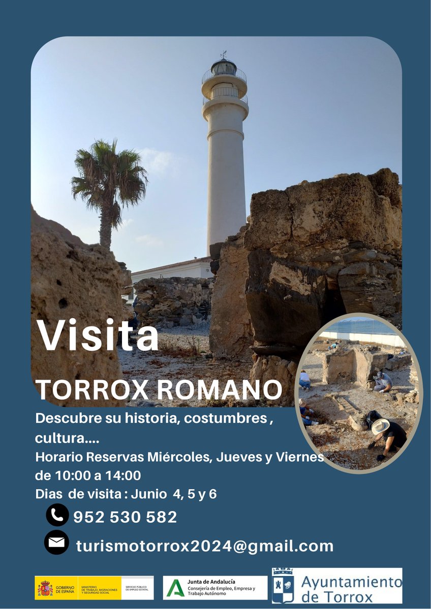 Ayuntamiento Torrox (@ayto_torrox) on Twitter photo 🔹 VISITA TORROX ROMANO
📍Explora las ruinas bajo el faro de Torrox y sumérgete en su legado romano.
🗓️ Visitas: 4, 5 y 6 de junio
📞 Reserva: Mié-Jue-Vie de 10:00 a 14:00
📧 turismotorrox2024@gmail.com 🔹 VISITA TORROX ROMANO
📍Explora las ruinas bajo el faro de Torrox y sumérgete en su legado romano.
🗓️ Visitas: 4, 5 y 6 de junio
📞 Reserva: Mié-Jue-Vie de 10:00 a 14:00
📧 turismotorrox2024@gmail.com