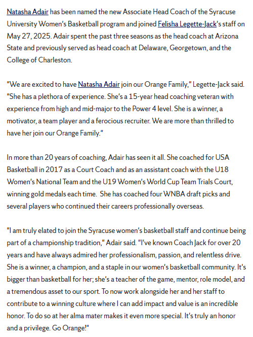 Natasha Adair, who most recently served as head coach at Arizona State, has joined the Syracuse WBB staff as associate head coach cuse.com/news/2025/5/29…