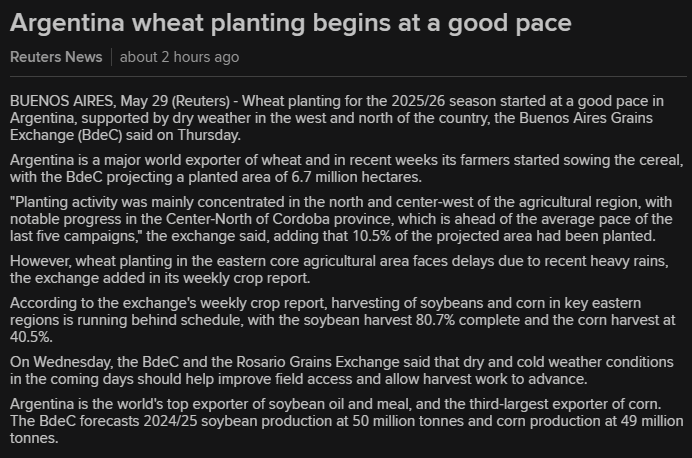 🇦🇷#Wheat planting has begun for the 2025/26 harvest in Argentina, a major world wheat exporter. A bumper crop could be in the cards.

Meanwhile, harvest of 2024/25 #soybeans is 81% finished and #corn 41% finished, a bit behind schedule after recent heavy rains.