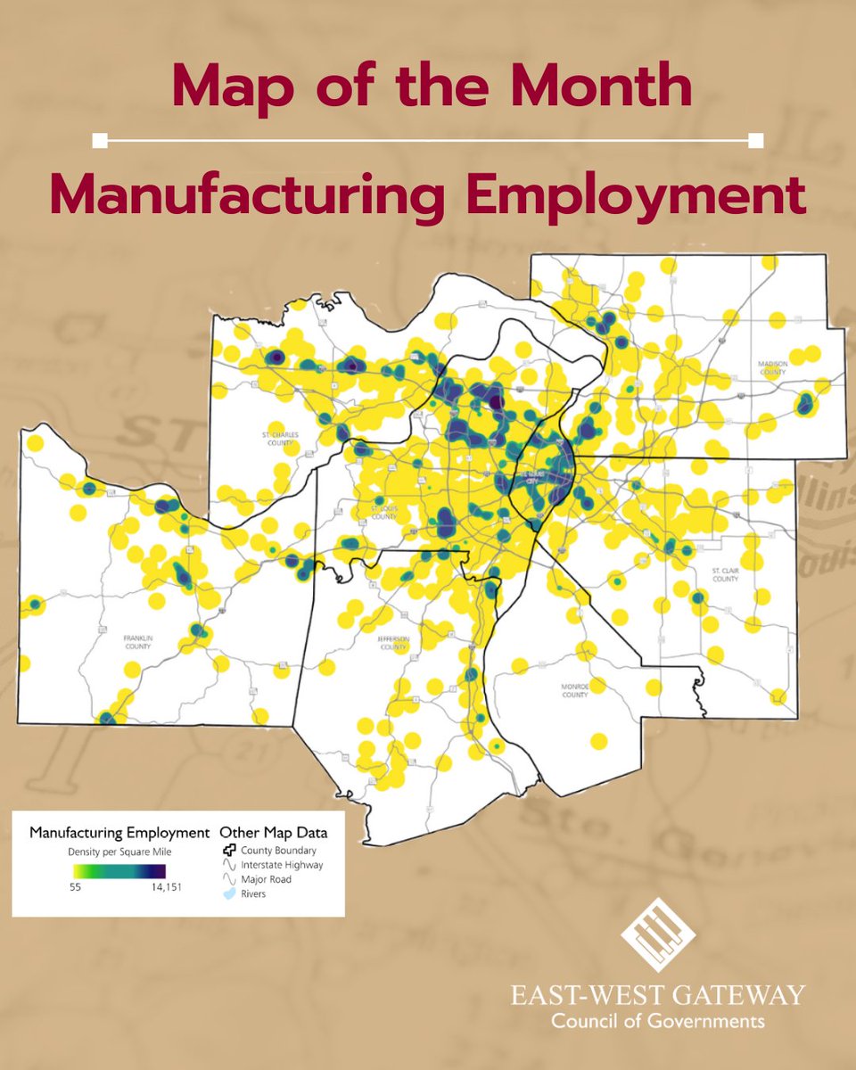 Check out May's Map of the Month from East-West Gateway! This map shows the density per square mile of manufacturing employment within the region using the Longitudinal Employer-Household Dynamics (LEHD) dataset. This program creates statistics on employment, earning, and job