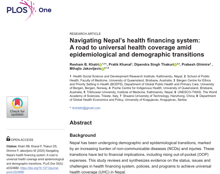 I am delighted to share our latest publication on Nepal’s health financing system. This comprehensive review outlines the trajectory of Nepal's health financing policy, issues, challenges, and offers recommendations. Full text:    doi.org/10.1371/journa…