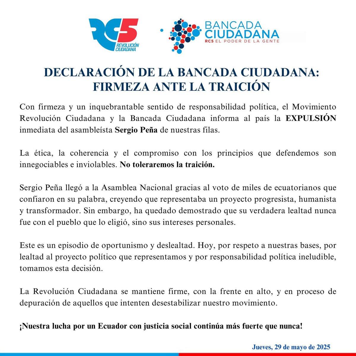 FUERA, POR OPORTUNISTA Y DESLEAL  
La <a href="/BancadaRC5/">Bancada Ciudadana</a> informó su decisión de expulsar a Sergio Peña de sus filas.  "Ha quedado demostrado que su verdadera lealtad nunca fue con el pueblo que lo eligió, sino sus intereses personales. Este es un episodio de oportunismo y deslealtad".