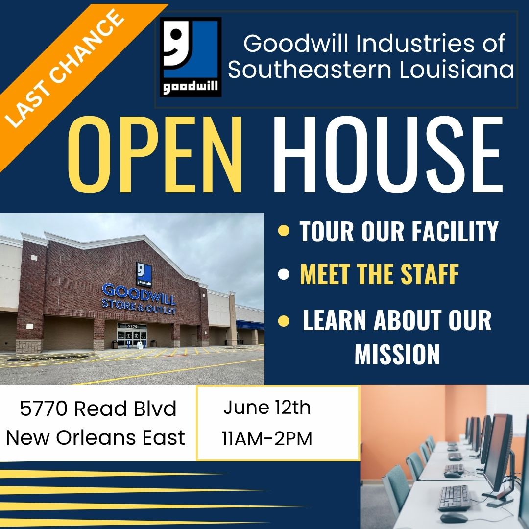 We are hosting one last open house! 
Goodwill East will be open for mission tours! 
You will have the opportunity to see us at work.  From our retail store to our opportunity center, there's a lot to check out!  
Our open house will be held on June 12th from 11am to 2pm.