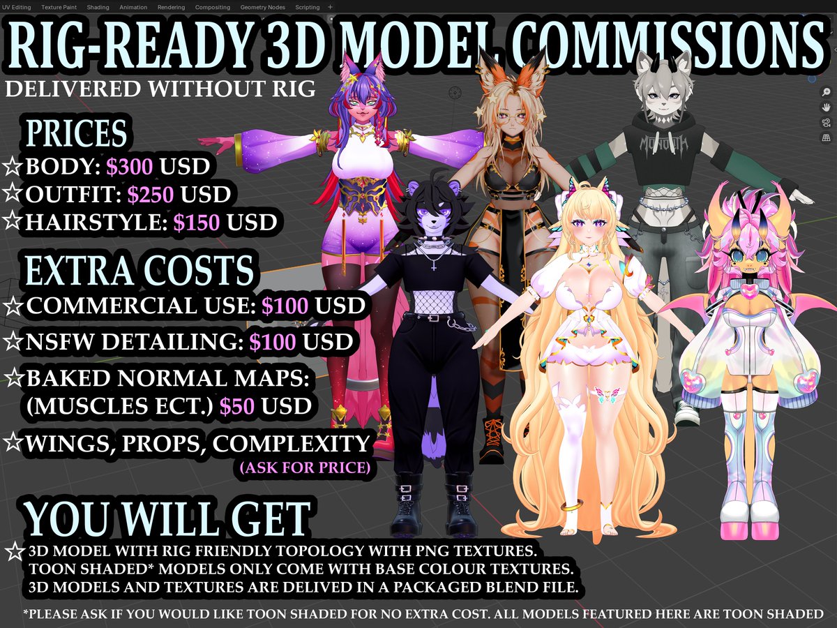 I have some room in my commission queue! ✨
Here's some info on my Rig-Ready commission type! I also make 3D printable sculpts and can do other miscellaneous 3D modelling/texturing jobs 💖

❗️RTs are highly appreciated thank-you!❗️

💫More comm info:
miau3d.carrd.co