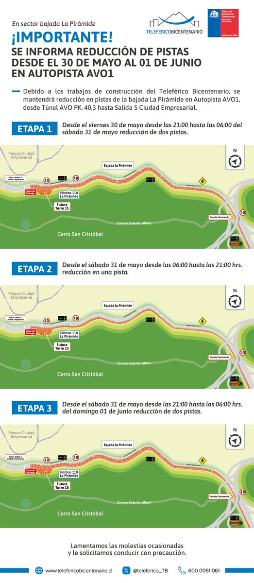 Teleférico Bicentenario (@teleferico_tb) on Twitter photo Planifique su viaje, maneje con precaución y ponga atención a la señalización de la vía. Lamentamos las molestias que estos trabajos podrían causar.
<a href="/avo_transito/">Vespucio Oriente Uno</a>
<a href="/TTISantiago/">TransporteInforma Región Metropolitana De Santiago</a>
<a href="/radiocarab/">Carabineros Radio</a>
<a href="/comunidadciuda2/">Comunidad Ciudad Empresarial</a>
<a href="/MuniVitacura/">Municipalidad de Vitacura</a>
<a href="/mun_huechuraba/">Municipalidad de Huechuraba</a>
@muni_provi Planifique su viaje, maneje con precaución y ponga atención a la señalización de la vía. Lamentamos las molestias que estos trabajos podrían causar.
<a href="/avo_transito/">Vespucio Oriente Uno</a>
<a href="/TTISantiago/">TransporteInforma Región Metropolitana De Santiago</a>
<a href="/radiocarab/">Carabineros Radio</a>
<a href="/comunidadciuda2/">Comunidad Ciudad Empresarial</a>
<a href="/MuniVitacura/">Municipalidad de Vitacura</a>
<a href="/mun_huechuraba/">Municipalidad de Huechuraba</a>
@muni_provi