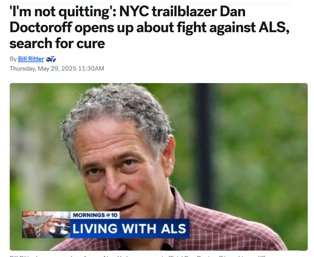 Next month, <a href="/Wingsoverwallst/">Warren Schiffer</a> honors Dan Doctoroff with the Spirit Award for his strength, perseverance, and resilience in the face of ALS. Thank you to <a href="/ABC7NY/">Eyewitness News</a> &amp; Bill Ritter for the time you gave to tell his story, reminding the public that ALS isn't incurable, but is underfunded