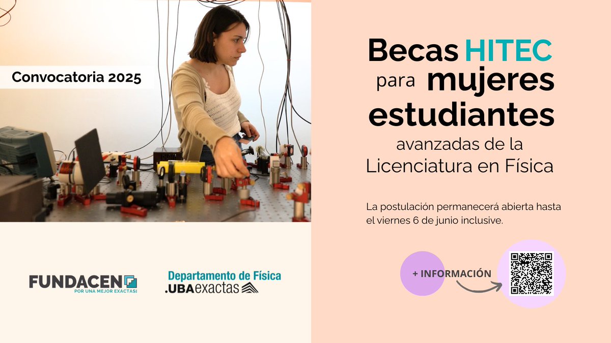 📢 Becas para mujeres que estudian Física

Hasta el viernes 6 de junio podés postularte para obtener una beca de finalización de carrera, financiada por HITEC.
Más información: df.uba.ar/es/7-novedades…