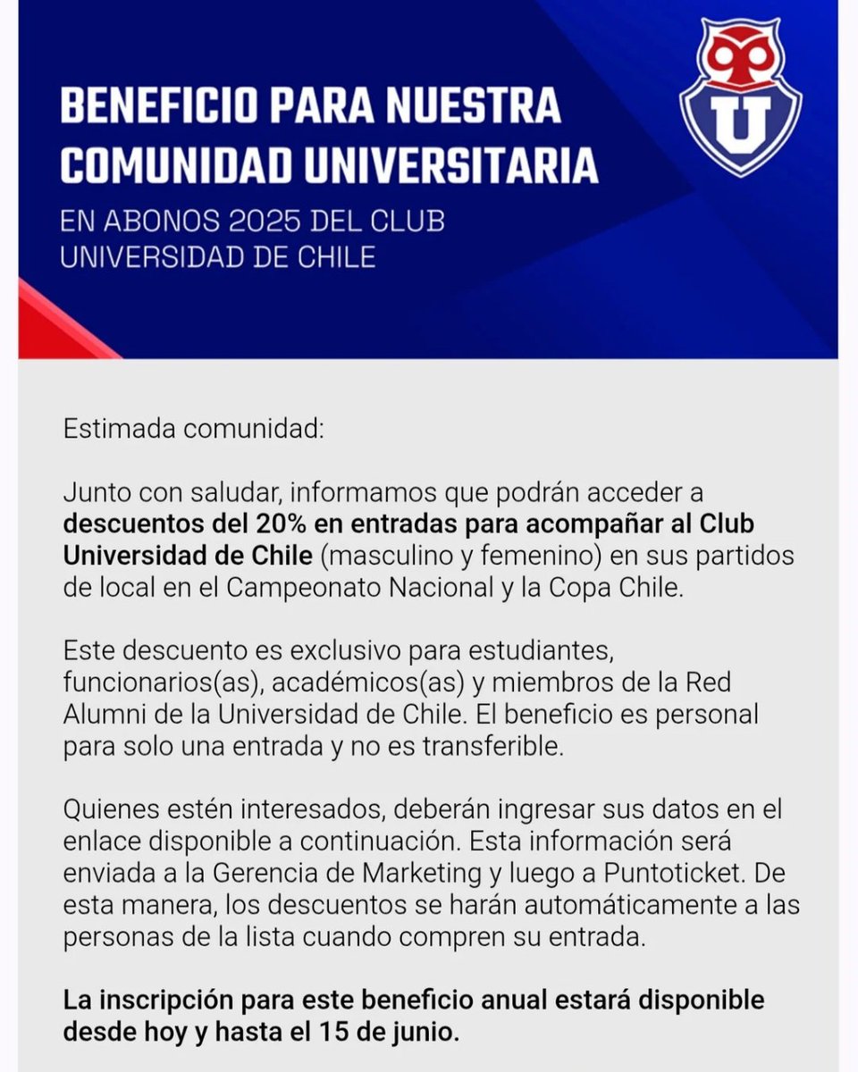 Alumni UChile (@alumni_uchile) on Twitter photo ¿List@s para alentar al Club <a href="/udechile/">Universidad de Chile</a> con un 20% de descuento en entradas? 🎟️
👉 ¿Cómo acceder?
1️⃣ Ingresa a deporteazul.cl/descuentos2025/
2️⃣ Registra tu RUT y correo para validar tu condición de alumni.
3️⃣ ¡Listo! El descuento se aplicará al comprar desde la semana del 23 de junio. ¿List@s para alentar al Club <a href="/udechile/">Universidad de Chile</a> con un 20% de descuento en entradas? 🎟️
👉 ¿Cómo acceder?
1️⃣ Ingresa a deporteazul.cl/descuentos2025/
2️⃣ Registra tu RUT y correo para validar tu condición de alumni.
3️⃣ ¡Listo! El descuento se aplicará al comprar desde la semana del 23 de junio.
