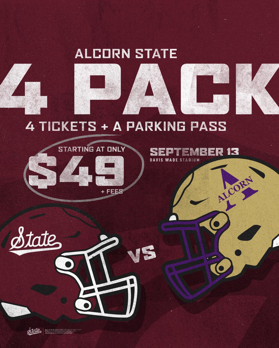 Mississippi State Athletics (@hailstate) on Twitter photo Get your crew together!
Alcorn State 4 Packs are available NOW — see you Sept. 13 at Davis Wade!
🎟️» hailst.at/FBfourpacks
#HailState🐶 x <a href="/HailStateFB/">Mississippi State Football</a> Get your crew together!
Alcorn State 4 Packs are available NOW — see you Sept. 13 at Davis Wade!
🎟️» hailst.at/FBfourpacks
#HailState🐶 x <a href="/HailStateFB/">Mississippi State Football</a>