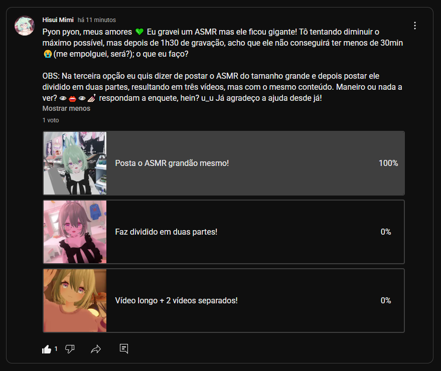HisuiMimi's tweet photo. Você! Sim, você! É um viewer de ASMR meu? Tá inscrito no meu YT? (Se a resposta for 'não', pq me odeias? 🥺) Então vota na enquete pra eu saber o que fazer com o vídeo! 💚
(o YT é: /@hisuimimi )
#ASMR #Vtuber #asmrvtuber #vrchat #vrchatasmr https://t.co/gIhdszdyES