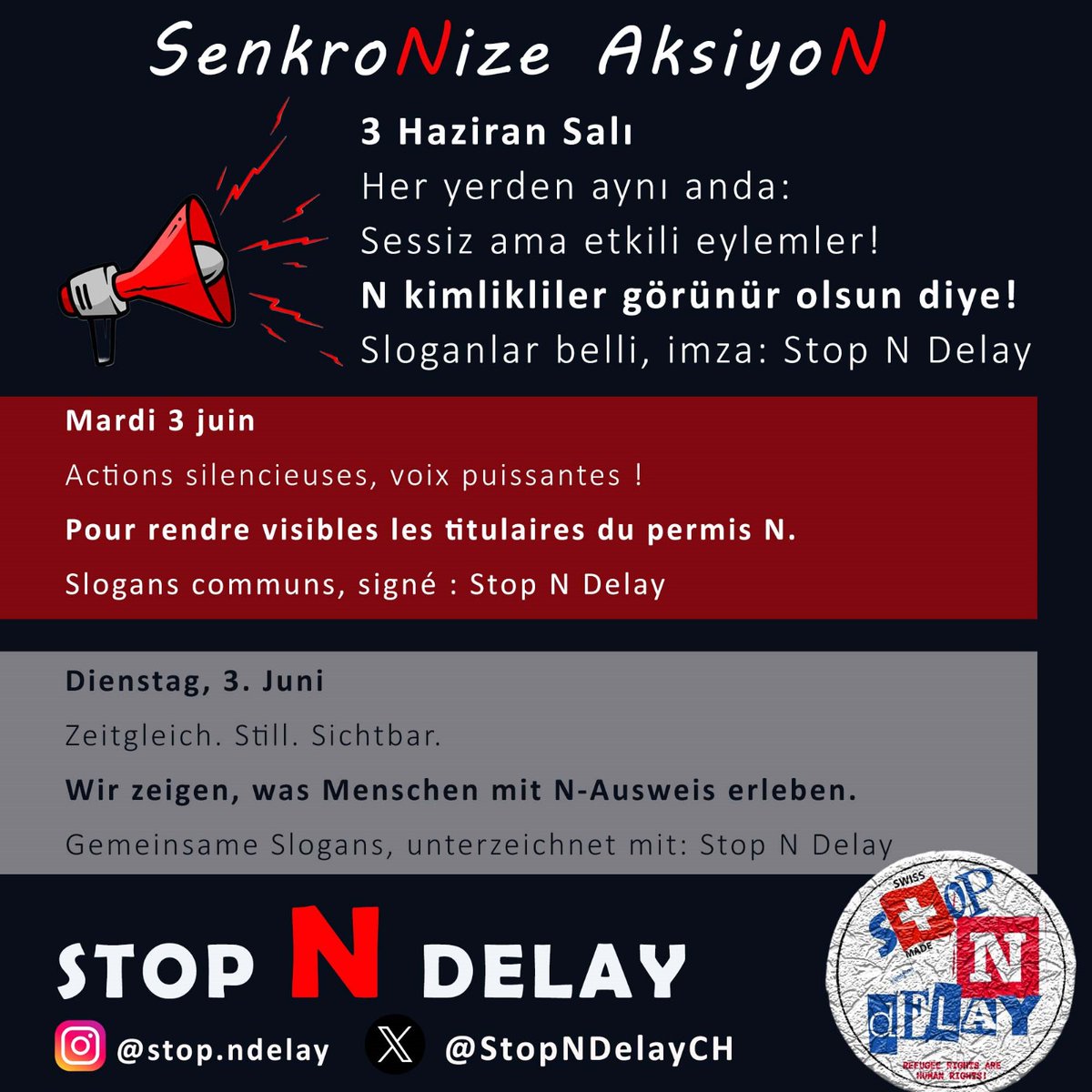 StopNDelayCH's tweet photo. 🗓 3 Haziran geliyor…
Her yerden senkronize sessiz eylemler!

Aynı sloganlar, aynı imza:
��� Stop N Delay
Sen de bulunduğun yerden katıl!

#StopNDelay https://t.co/xpSlriFtSN