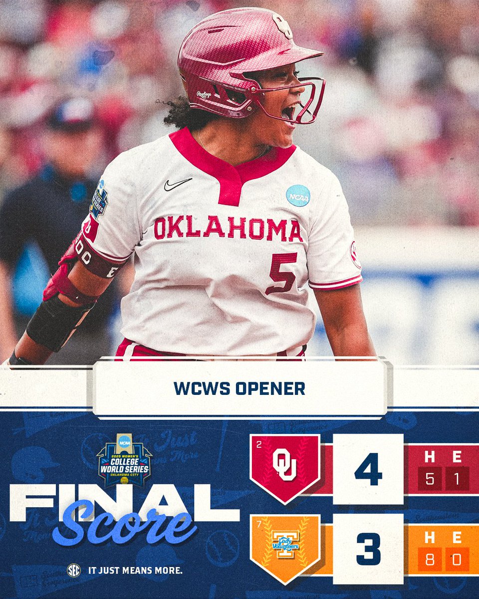 SEC's tweet photo. SOONER MAGIC. 🪄✨

ELLA PARKER SMASHES A TWO-OUT, WALK-OFF THREE-RUN HOMER TO WIN THE OPENER!

@OU_Softball x #WCWS