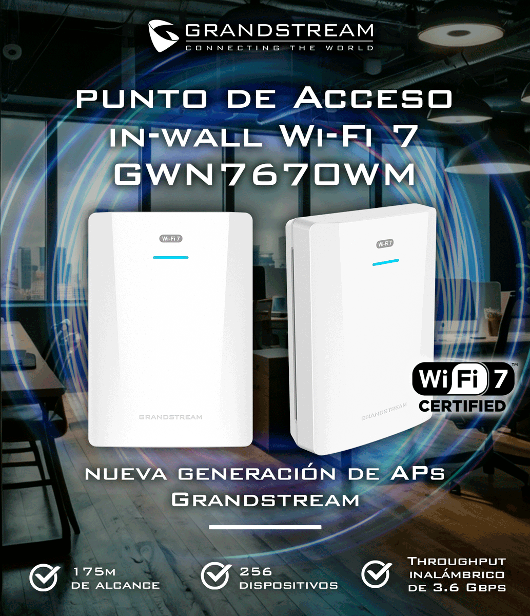 El GWN7670WM optimiza el uso del espectro con tecnología de última generación para garantizar una experiencia Wi-Fi estable, rápida y segura.

El nuevo In-Wall AP Wi-Fi 7 de Grandstream ya está aquí 👉 hubs.la/Q03n_FlH0