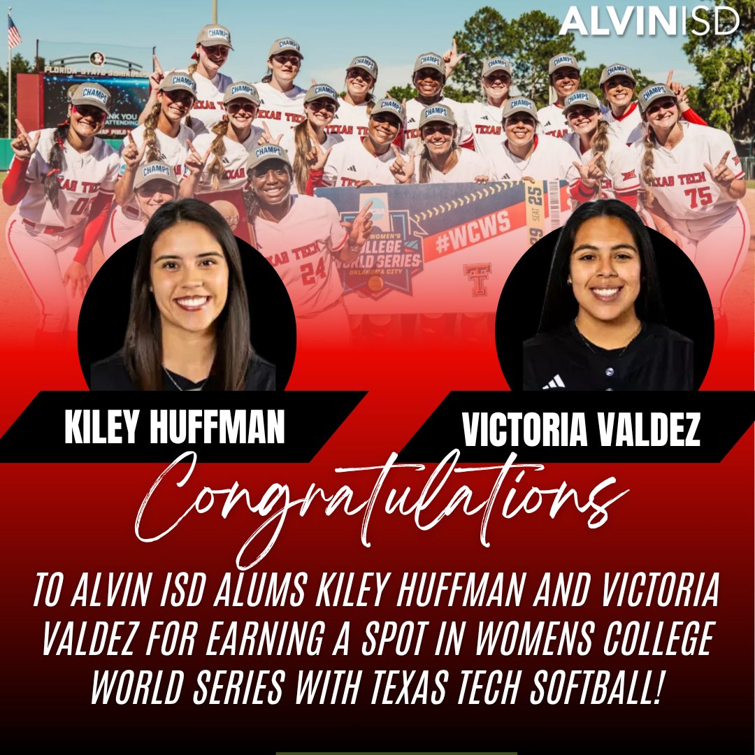 Alvin ISD (@alvinisd) on Twitter photo Congratulations to Alvin ISD alums Kiley Huffman and Victoria Valdez on earning a spot in the Women's College World Series with <a href="/TexasTechSB/">Texas Tech Softball</a>!
The Red Raiders will play Ole Miss tonight at 6 p.m. on ESPN2. #WCWS Congratulations to Alvin ISD alums Kiley Huffman and Victoria Valdez on earning a spot in the Women's College World Series with <a href="/TexasTechSB/">Texas Tech Softball</a>!
The Red Raiders will play Ole Miss tonight at 6 p.m. on ESPN2. #WCWS