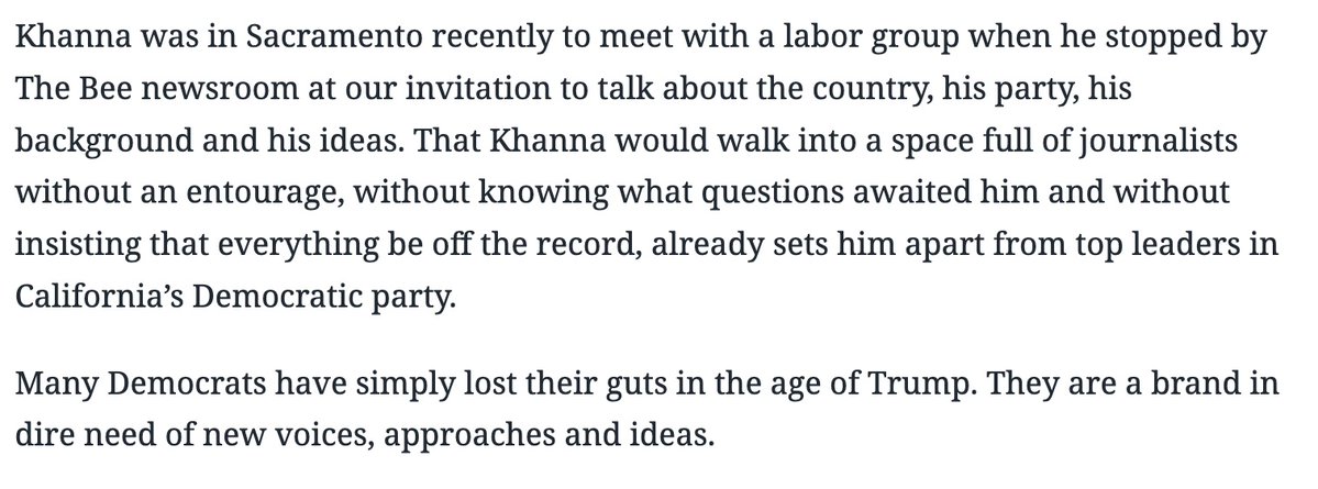 Ro Khanna (@rokhanna) on Twitter photo We as Democrats need to be willing to do interviews –– including tough ones –– without scripted soundbites and with different outlets, including local papers and alternative media. <a href="/MarcosBreton/">Marcos Breton</a> <a href="/sacbee_news/">The Sacramento Bee</a>
sacbee.com/opinion/articl… We as Democrats need to be willing to do interviews –– including tough ones –– without scripted soundbites and with different outlets, including local papers and alternative media. <a href="/MarcosBreton/">Marcos Breton</a> <a href="/sacbee_news/">The Sacramento Bee</a>
sacbee.com/opinion/articl…