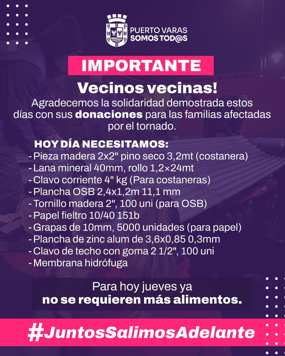 🤝 #PuertoVaras se levanta con la fuerza de su gente. Hoy más que nunca necesitamos tu apoyo: se requieren materiales de construcción.

📍 Acércate al Gimnasio Fiscal de Puerto Varas y deja tu colaboración.

Gracias por ser parte. 💪
#JuntosSalimosAdelante
