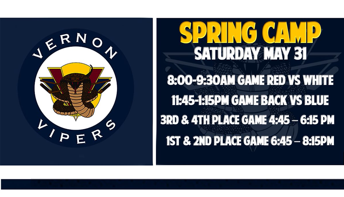 VernonVipers's tweet image. Our Spring ID Camp Kicks off tomorrow! Here's the full slate of the two day event!
