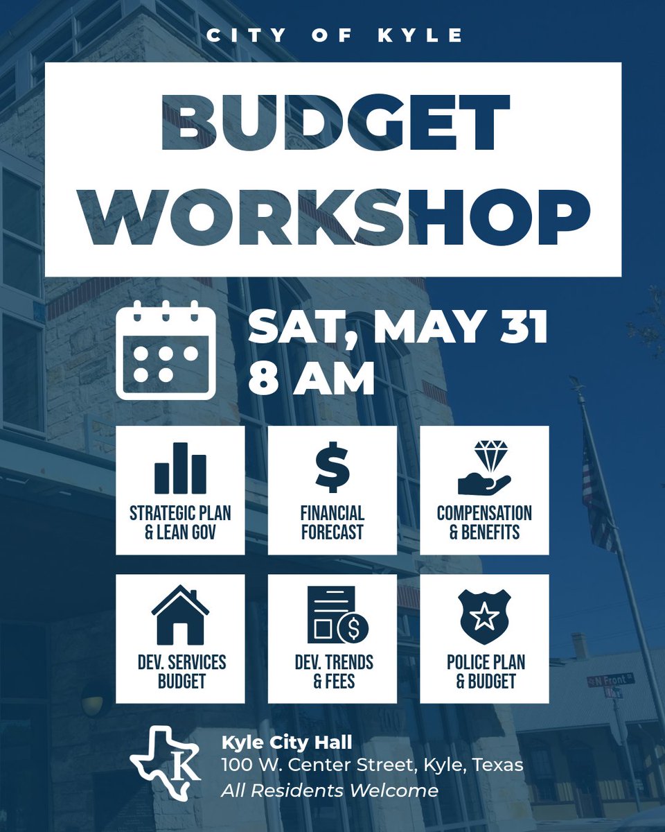 The first Budget Workshop for developing the 2025-2026 Fiscal Year Budget will be this Saturday, May 31 at 8 a.m. at Kyle City Hall. 

This weekend’s agenda includes:
✅A preliminary financial forecast 
✅Development Services &amp; Police Services Budget presentations
✅Strategic