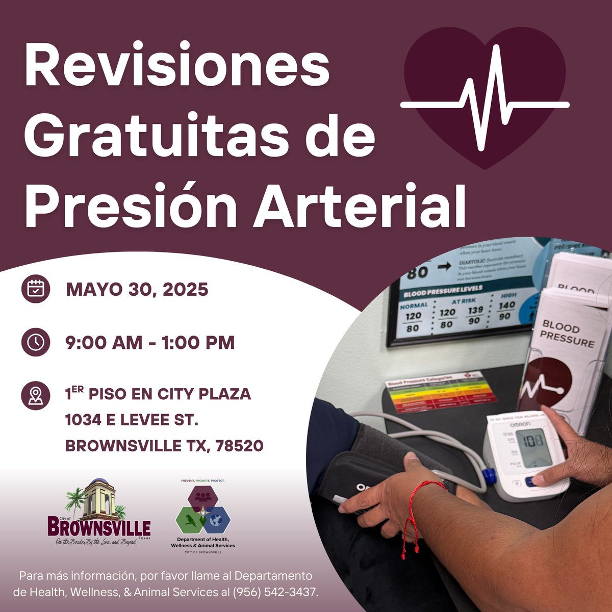 btxdhwas's tweet photo. Free community blood pressure screenings TOMORROW at City Plaza! 🩸
Swing by and learn about blood pressure readings and how to stay healthy!

📍City Plaza 1st Floor
1034 E Levee St.
Brownsville, TX 78520
🕛 9:00 AM - 1:00 PM https://t.co/UaXn3JtUiS