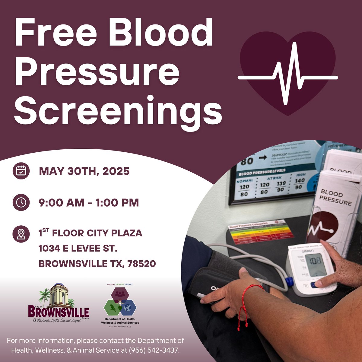 btxdhwas's tweet photo. Free community blood pressure screenings TOMORROW at City Plaza! 🩸
Swing by and learn about blood pressure readings and how to stay healthy!

📍City Plaza 1st Floor
1034 E Levee St.
Brownsville, TX 78520
🕛 9:00 AM - 1:00 PM https://t.co/UaXn3JtUiS
