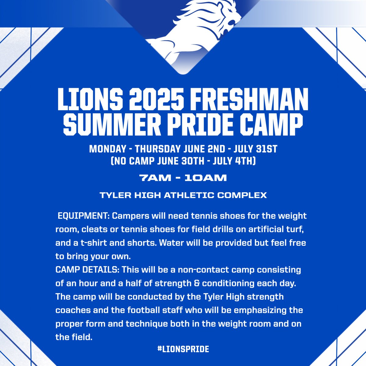 🚨Calling all Class of 2️⃣0️⃣2️⃣9️⃣🦁💪

Join us for the Lions 2025 Freshman Summer Pride Camp starting June 2nd – July 31st (Mon–Thurs, 7AM–10AM).
📍 Tyler High Athletic Complex
🚫 No camp June 30 – July 4

#LionsPride #TylerHighFootball #SummerCamp2025 #FreshmanFootball  #TheFuture