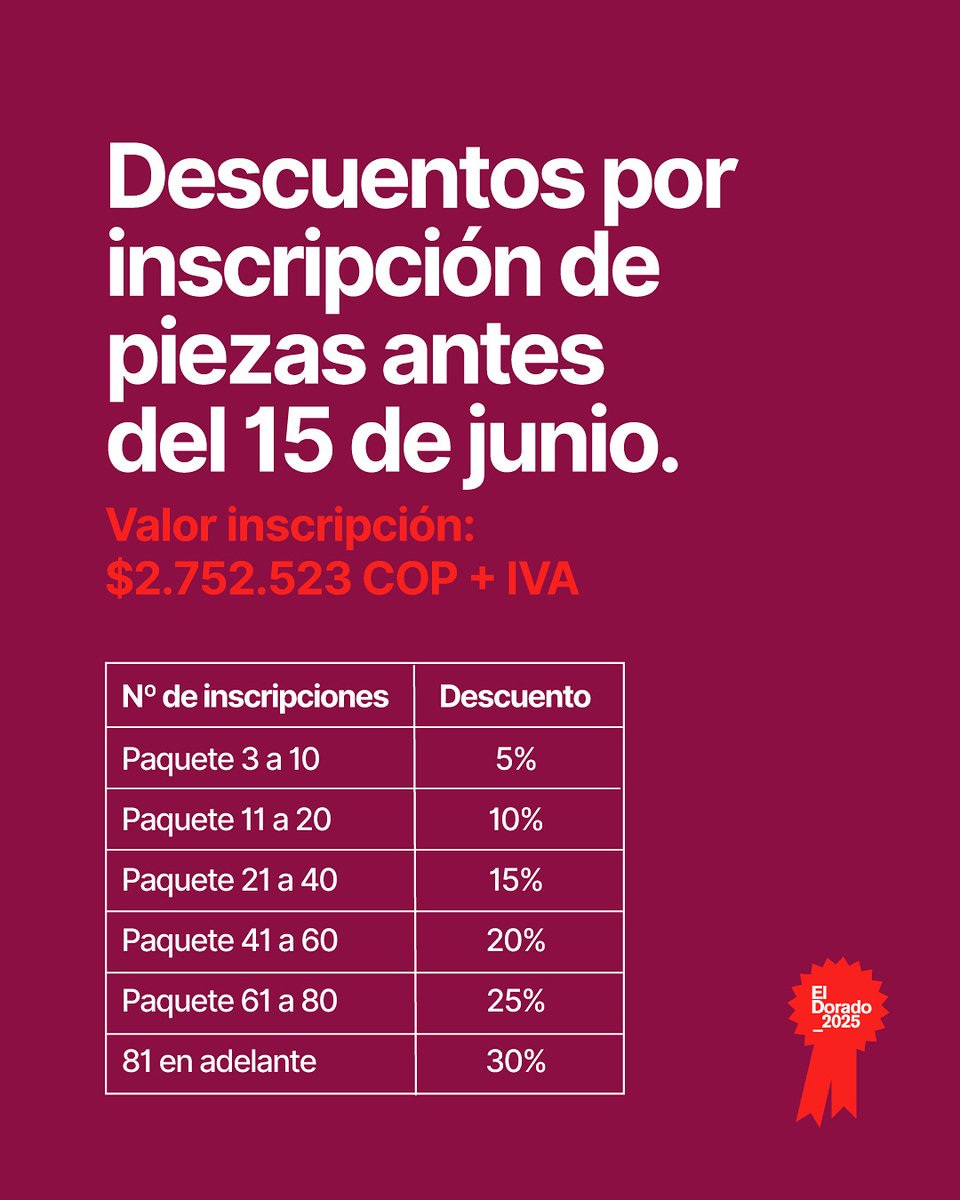 La etapa de Early Bird, para acceder a importantes descuentos en la inscripción de piezas, cierra el 15 de junio.

Asegure desde ya tarifas preferenciales para inscribir sus campañas 🔥🔥🔥

🗓️ Vigencia del Early Bird: hasta el 15 de junio