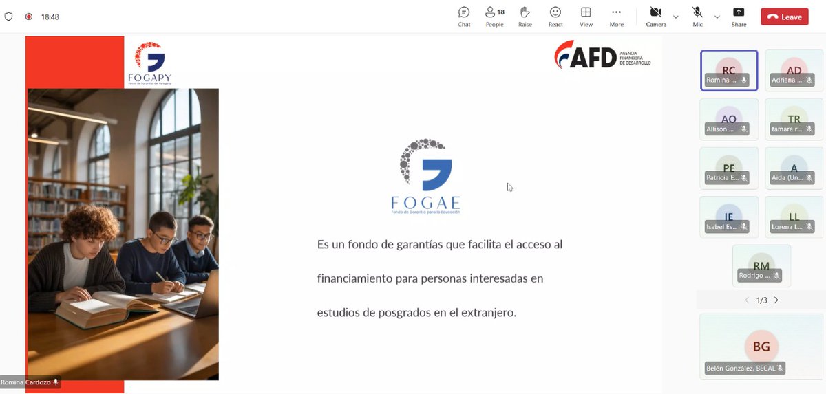 becalpy's tweet photo. AHORA: La coordinadora general de #BECAL, Fátima Franco, participa junto a representantes de la @afd_py del Webinar Informativo sobre oportunidades de créditos blandos a través de #FOGAE para hacer Posgrados en el exterior https://t.co/QVx0Wsnorf