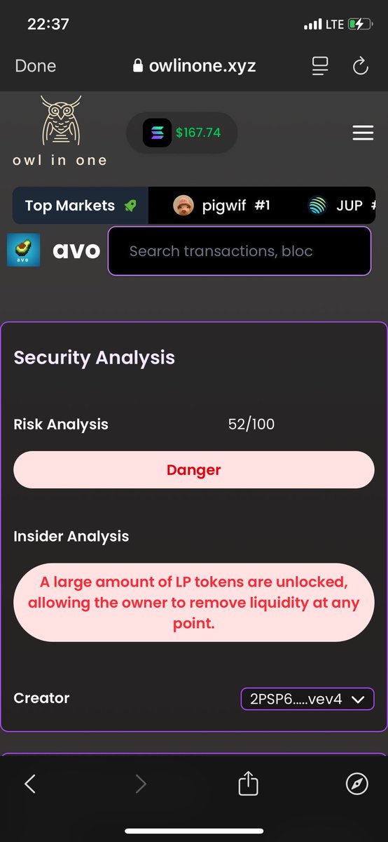 BIG PÅBS⚛️ (Ø,G) (@0xpabs) on Twitter photo Came online to see $AVO had done a whooping 2500% and currently sitting at 4m. In as much as it seems like a cook, it’s still a possible rug (check frame 2) and thanks to <a href="/Owlinone_xyz/">OWLINONE 🦉</a> for this tool.
I’d rather save my money in this crazy ass market than lose it on rugs
$TheOwl Came online to see $AVO had done a whooping 2500% and currently sitting at 4m. In as much as it seems like a cook, it’s still a possible rug (check frame 2) and thanks to <a href="/Owlinone_xyz/">OWLINONE 🦉</a> for this tool.
I’d rather save my money in this crazy ass market than lose it on rugs
$TheOwl
