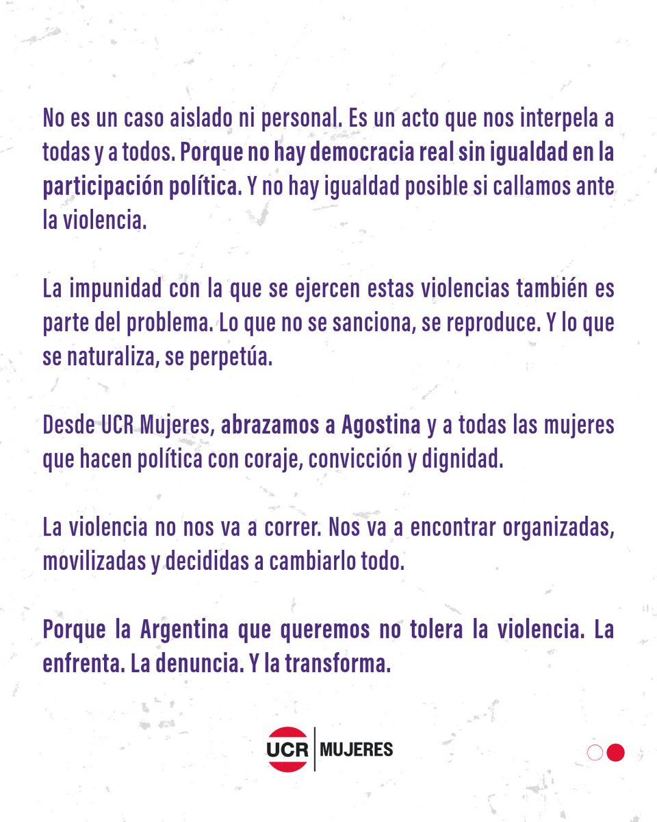 UCR Mujeres (@ucrmujeresar) on Twitter photo TOCAN A UNA, NOS TOCAN A TODAS
Desde #UCRMujeres abrazamos a <a href="/agosvillaggi/">agostina villaggi</a> víctima de violencia política y de un intento de disciplina patriarcal en #Formosa.
La violencia no nos va a correr. Nos va a encontrar organizadas 💜🫱🏽🫲🏻
#NoNosCallamosMás #ViolenciaPolítica TOCAN A UNA, NOS TOCAN A TODAS
Desde #UCRMujeres abrazamos a <a href="/agosvillaggi/">agostina villaggi</a> víctima de violencia política y de un intento de disciplina patriarcal en #Formosa.
La violencia no nos va a correr. Nos va a encontrar organizadas 💜🫱🏽🫲🏻
#NoNosCallamosMás #ViolenciaPolítica