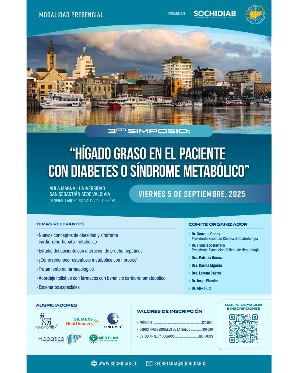 3er Simposio "Hígado graso en el paciente con Diabetes o Síndrome Metabólico"

Viernes 5 de Septiembre, 2025
Aula Magna - Universidad San Sebastián Sebe Valdivia (Gral. Lagos #1163, Valdivia)
Modalidad Presencial
Inscripciones en: eventual.meinscribo.cl/evento/25