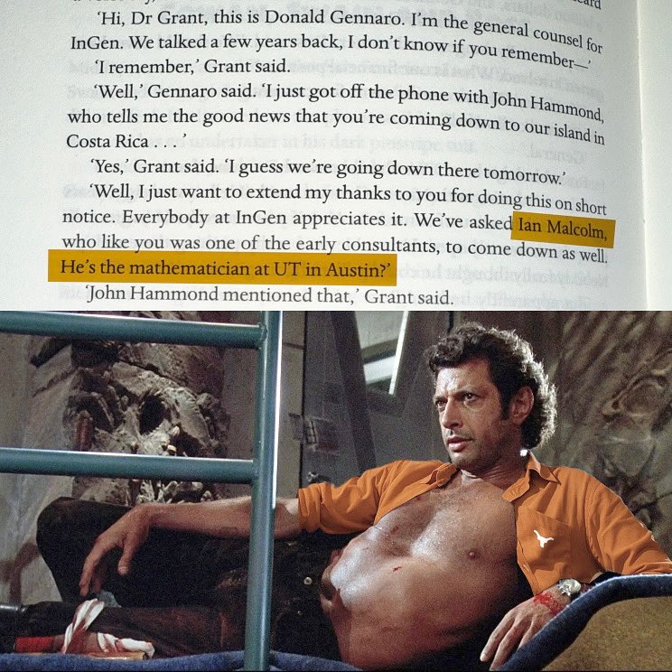 tony_simonetta's tweet image. On my latest reread of Jurassic Park and reminded that Ian Malcolm was a Longhorn, and felt like the iconic still from the movie could use a more accurate update. 🤘🦖