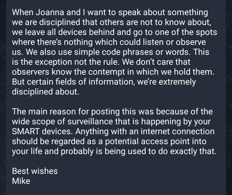 Meanwhile on Telegram, Michael Yeadon explains how he and his wife avoid being spied on by their TV when discussing "certain fields of information" .. by having conversations in a room with no electronic devices and using code words in their own home. 😳