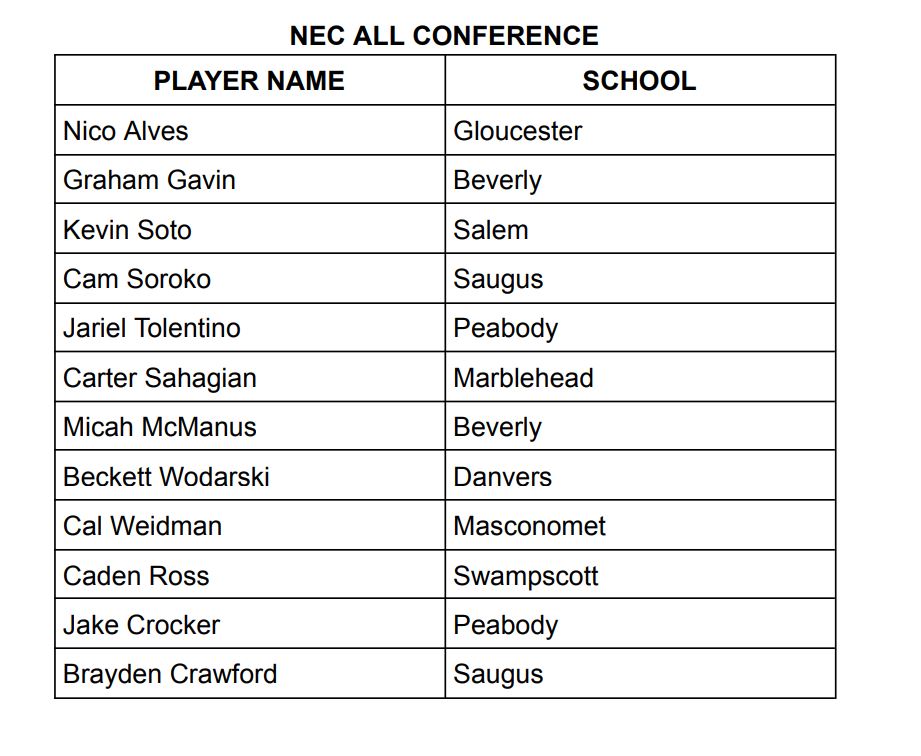 This season's Northeastern Conference first-teamers for baseball. MVP Brayden Francis of Gloucester, which ran the table in league play