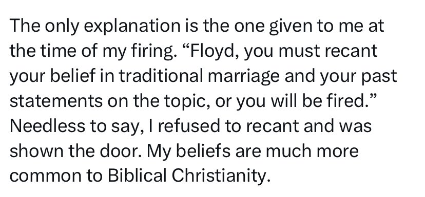 Trump should reinstate the man, if this is true. Pride month comes before the fall. This country is a mess of opinions on marriage, and a purge of advocates for natural marriage is a dead end for the country and the GOP.