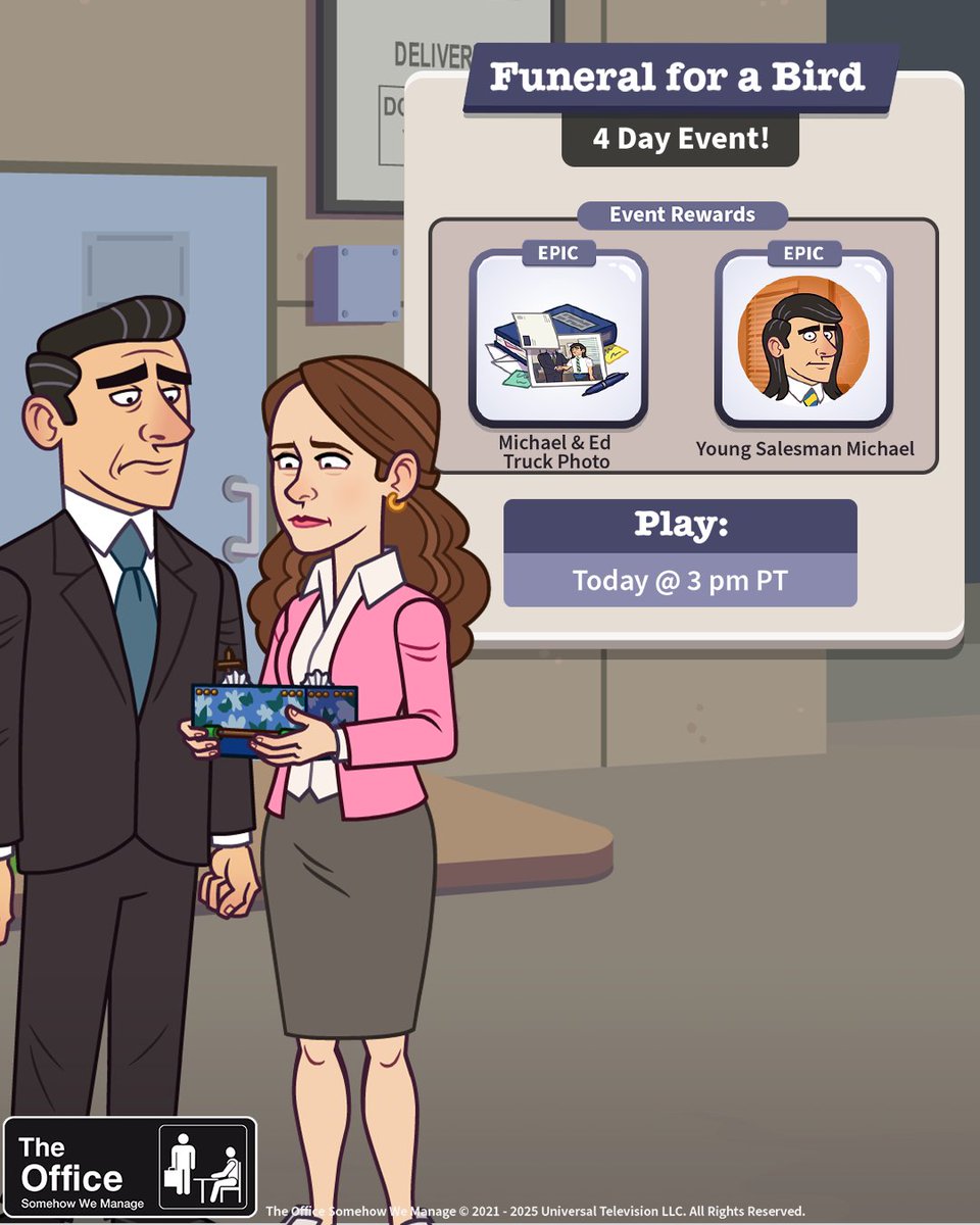 The Funeral for a Bird Event is live NOW! After receiving some tragic news, Michael bids farewell to a newfound feathery friend!

Play for a chance to win two NEW in-game rewards: the MICHAEL &amp; ED TRUCK PHOTO decor and the YOUNG SALESMAN MICHAEL avatar!