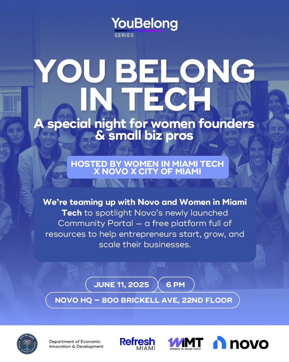 🚨 Private event alert!

Join us June 11 Novo’s new Brickell office for a powerful night of community, convos &amp; connection 🌆💡

Hosted by Women in Miami Tech, in partnership w/ @cityofMiami + @Novo

RSVP: lu.ma/i0q147yu

 #YouBelongSeries #WomenInTech #MiamiTech