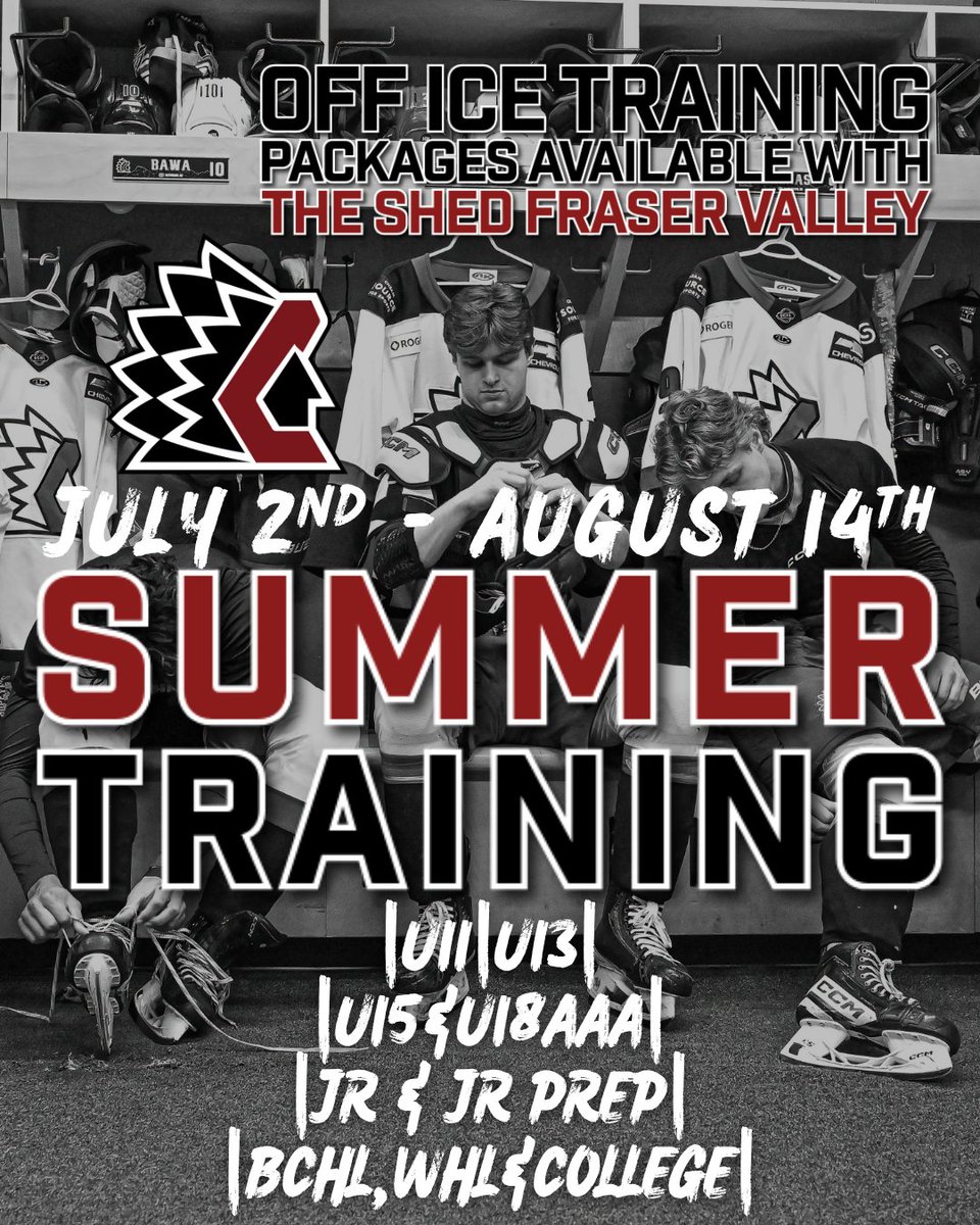 REGISTER NOW FOR OUR SUMMER TRAINING GROUPS AT THE CHILLIWACK COLISEUM! ☀️🏒

&amp; The Shed Fraser Valley is offering OFF-ICE TRAINING PACKAGES 💪

Find more info and secure your spot today!
Follow the link below:
chilliwackhockeyacademy.com/book-online