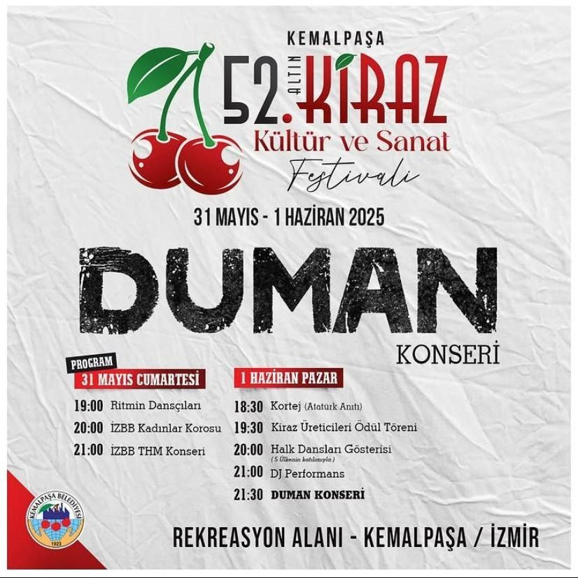 52'nci Altın Kiraz Kültür ve Sanat Festivali heyecanı başlıyor... 🍒

31 Mayıs-1 Haziran 2025 tarihlerinde düzenleyeceğimiz 52. Altın Kiraz Kültür ve Sanat Festivali'nde unutulmaz anlar yaşayacağız.