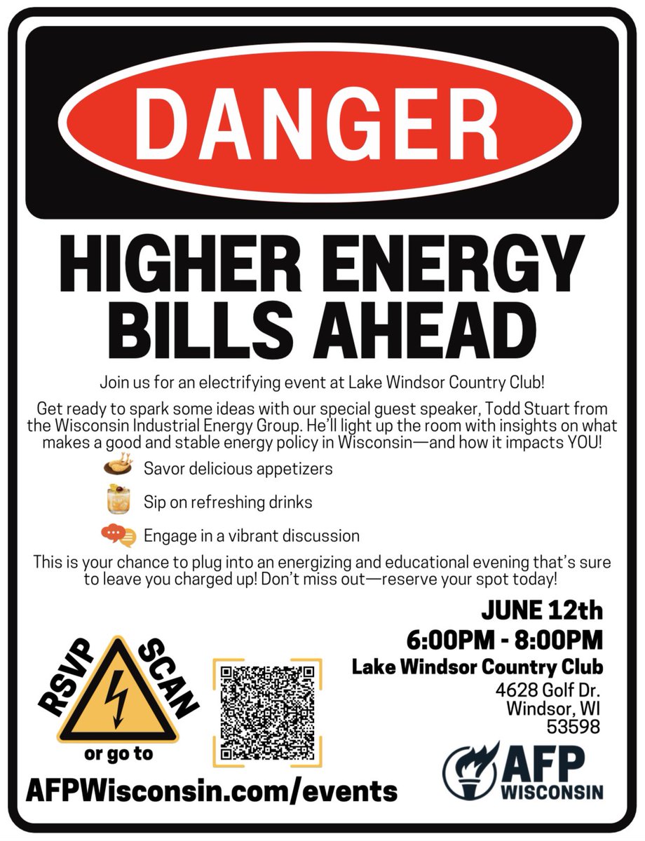 Are you concerned about rising energy costs?  Do you want to learn more about how lawmakers affect these costs and what you can do about it?  Please join us for an energizing event in Windsor on Thursday June 12 to learn more about this important issue!  <a href="/AFPWI/">AFPWI</a>