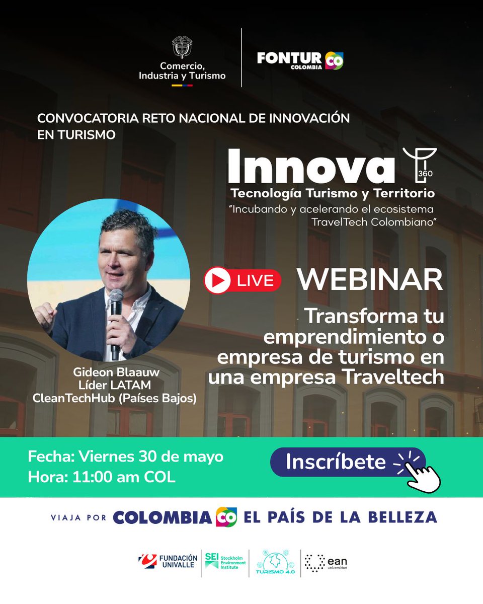 SEI en Español (@seienespanol) on Twitter photo #Webinar | Mañana respondemos tus dudas sobre el Reto Nacional de Innovación en Turismo y hablamos sobre emprendimientos Traveltech con Gideon Blaauw, de CleantechHUB.
Organizan <a href="/MincomercioCo/">MinComercio Colombia</a>, <a href="/fonturcol/">Fontur Colombia</a>, <a href="/FundaUnivalle/">FundacionUnivalleCali</a>, SEI y <a href="/UniversidadEan/">Universidad Ean</a>.
Registro👉buff.ly/ef7OfJP #Webinar | Mañana respondemos tus dudas sobre el Reto Nacional de Innovación en Turismo y hablamos sobre emprendimientos Traveltech con Gideon Blaauw, de CleantechHUB.
Organizan <a href="/MincomercioCo/">MinComercio Colombia</a>, <a href="/fonturcol/">Fontur Colombia</a>, <a href="/FundaUnivalle/">FundacionUnivalleCali</a>, SEI y <a href="/UniversidadEan/">Universidad Ean</a>.
Registro👉buff.ly/ef7OfJP