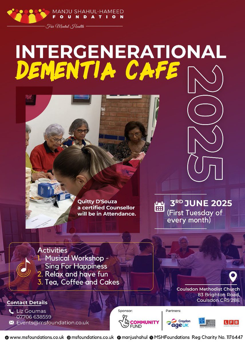 CllrDrManjuShahul (@manjushahul) on Twitter photo Step into a space of warmth, music and connection at our Intergenerational Dementia Cafรฉ by <a href="/MSHFoundations/">MSH Foundations</a> on Tuesday, 3rd June 2025 at 1.30 pm at Coulsdon Methodist Church.
This monthly event brings together young and older generations to share stories, laughter and support. Step into a space of warmth, music and connection at our Intergenerational Dementia Cafรฉ by <a href="/MSHFoundations/">MSH Foundations</a> on Tuesday, 3rd June 2025 at 1.30 pm at Coulsdon Methodist Church.
This monthly event brings together young and older generations to share stories, laughter and support.